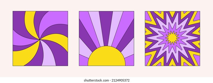 Trendy colorful set of retro backgrounds in style 70s, 80s. Abstract set hippie cards in yellow and purple colors. Vector illustration