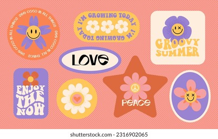 Trendy colorful set stickers with smiling face daisy and hippy easthetic text. Collection of geometirc shapes, positive slogans in style 70, 80s. Vector flat grainy textured illustration