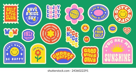 Trendy colorful set stickers with smiling face and text. Collection of cartoon shapes, positive slogans in style 90s. Vector illustration