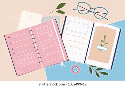 Trendy colorful set for study or work. Organizer for process planning. Stylish workbook. Supplies for successful work. Workflow process. Creative Flat Vector Illustration