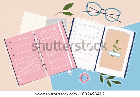 Trendy colorful set for study or work. Organizer for process planning. Stylish workbook. Supplies for successful work. Workflow process. Creative Flat Vector Illustration