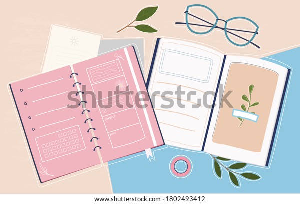 Trendy colorful set for
study or work. Organizer for process planning. Stylish workbook.
Supplies for successful work. Workflow process. Creative Flat
Vector Illustration