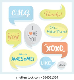 Trendy and colorful speech bubbles set with some words in different retro shapes