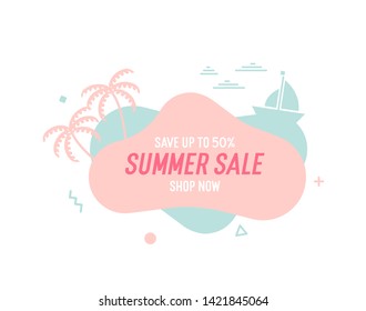 Trendy colorful summer sale banner with palm trees, boat and waves.. Vector geometric template liquid and wavy shapes with smooth colors. Modern abstract tropical and seasonal banner design