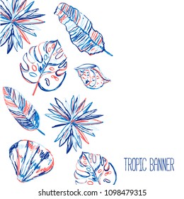 Trendy Colorful Summer Tropical Leaves Vector banner Design with Monstera, banana leaf
