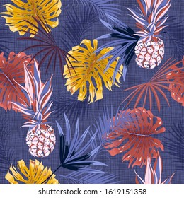Trendy colorful summer vibes of tropical plants ,monstera,leaves,pineapple and fruits on dark blue hand drawn texture seamless pattern on EPS10 ,Design for all prints