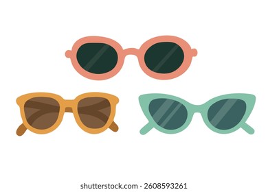 Trendy colorful sunglasses in different shapes. Summer fashion accessory. Fun flat vector illustration for design.