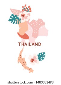 
Trendy colorful Thailand map decorated with cute floral ontaments and country name lettering, perfect for touristic prints or souvenirs
