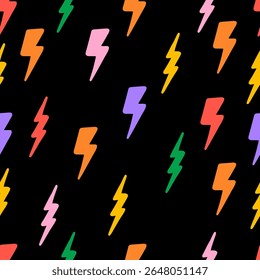 Trendy colorido Thunderbolt padrão sem emenda isolado no fundo preto. para tecido, têxteis, roupas, papel de embrulho, capa, banner, decoração de casa, fundos abstratos. Ilustração vetorial.