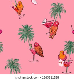 Trendy colorful tropical vacation mood in hand drawn palm trees ,parrots birds,cocktail and summer fruits seamless pattern vector on retro pink background color