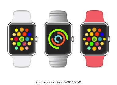 Trendy Colorful Vector Illustration Icon of Aluminium Smart Watch with Smartwatch Interface