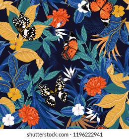 Trendy Colorful vector seamless artistic dark tropical pattern with exotic forest. Original stylish floral background print,design for fashion,fabric and all prints , bright rainbow colors on navy blu