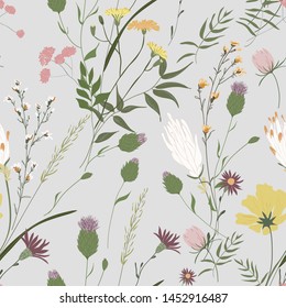 Trendy colorful vector texture. Blossom floral seamless pattern. Blooming botanical motifs scattered random. Fashion, ditsy print, fabric. Hand drawn different wild meadow flowers on grey background