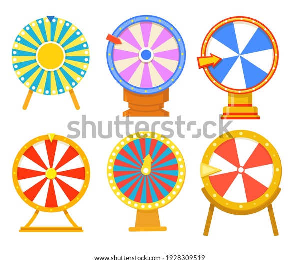 Trendy colorful wheels of fortune flat\
illustration collection. Cartoon spinning roulettes with prize\
sections isolated vector illustrations. Gambling and internet\
casino concept