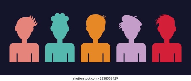 Trendy colors abstract silhouette group of young boys with different hair style icons set in a row on black background