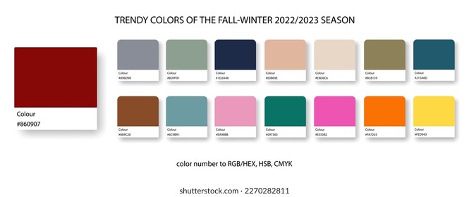 Trendy colors of the fall winter season in 2023. Trend color guide collection in RGB, CMYK. Bright color set for fashion, home interior, design.