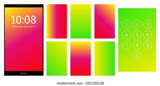 Trendy colors gradient screen backgrounds set. Red and green numpad and screensaver kit. Vector wallpaper UI template for smartphone display. Device or gadget GUI for app, home or lock screen.
