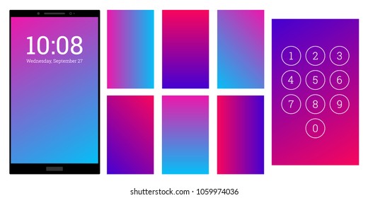 Trendy colors gradient screen backgrounds set. Violet and cyan numpad and screensaver kit. Vector wallpaper UI template for smartphone display. Device or gadget GUI for app, home or lock screen.