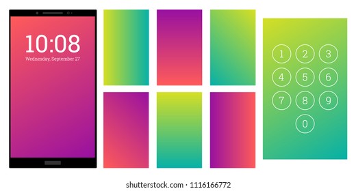 Trendy colors gradient screen backgrounds set. Magenta and jade numpad and screensaver kit. Vector wallpaper UI template for smartphone display. Device or gadget GUI for app, home or lock screen.