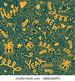 Trendy colors Merry Christmas seamless pattern with new year doodle elements drawn by hand. Garlands, cake, gifts, glasses, confetti and handwriting lettering on trendy color tidewater green on gold.