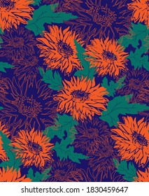 Trendy colors ornate vector seamless pattern with Chrysanthemum flowers and leaves in full bloom on phantom blue background. Hand drawn floral design for textile, fabric, wallpaper, bedding, package.