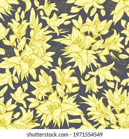 Trendy colors seamless pattern with Blow Up silhouettes of yellow illuminating lily flowers, buds and leaves on gray background. Spotted vector illustration with hand drawn flowers in full bloom. 