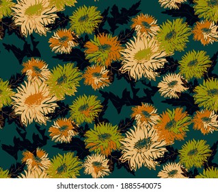 Trendy colors seamless pattern with colored silhouettes of Chrysanthemum flowers in full bloom. Freehand floral ornate vector on tidewater green. Hand drawn elements for textile, fabric, wallpaper.