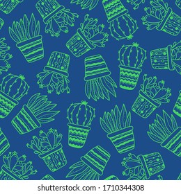 Trendy colors. Seamless pattern with silhouette potted plants cactuses, succulents in doodle style isolated on blue background. Wallpaper, wrapping paper. Vector outline illustration home plants in pots.
