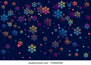 Trendy colors snow flakes falling winter  vector background. Macro vector illustration, snowflake confetti chaotic scatter winter background.