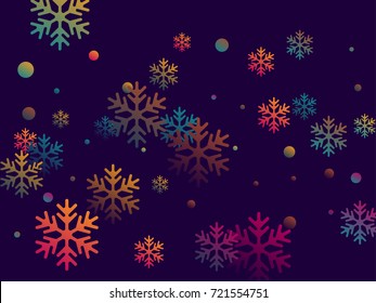 Trendy colors snow flakes falling winter vector background. Snowflake cold weather elements vector illustration, confetti chaotic scatter winter background in dark blue, magenta, cyan, yellow. 
