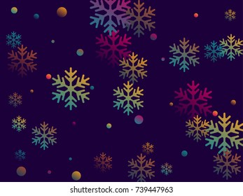 Trendy colors snow flakes falling winter vector background. Snowflake cold weather elements vector illustration, confetti chaotic scatter winter background in dark blue, magenta, cyan, yellow. 