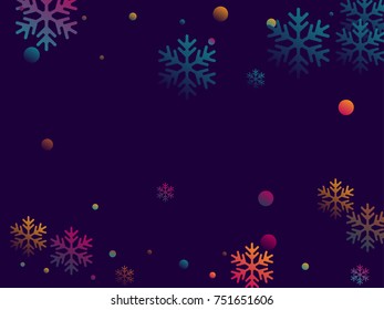 Trendy colors snow flakes falling winter vector background. Snowflake cold weather elements vector illustration, confetti chaotic scatter winter background in dark blue, magenta, cyan, yellow.