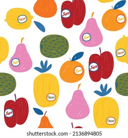 Trendy colourful of Fresh summer fruits, Mixed fruits apples,Orange,Lemon,Pomelo ,pineapple and Melon Hand drawn brush strokes style, seamless pattern vector, fashion design, fabric, wallpaper,wrap 