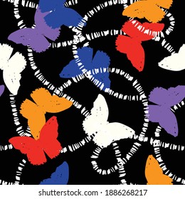 Trendy colourful hand drawn silhouette butterfly flying with white line seamless pattern vector EPS10, Design for fashion , fabric, textile, wallpaper, cover, web , wrapping and all prints on black