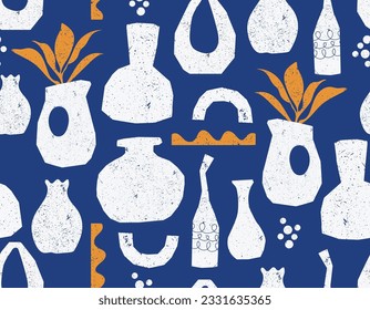 Trendy Colourful Paper cutouts , Hand drawn modern Vase design Seamless pattern with Texture , Design for fashion , fabric, textile, wallpaper , wrapping and all prints