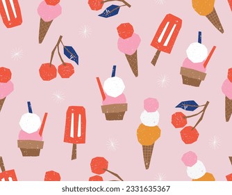 Trendy Colourful Paper cutouts , Hand drawn modern Icecream  design Seamless pattern with Texture , Design for fashion , fabric, textile, wallpaper , wrapping and all prints