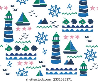 Trendy Colourful Paper cutouts , Hand drawn Nautical modern design Seamless pattern with Texture , Design for fashion , fabric, textile, wallpaper , wrapping and all prints