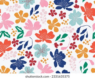 Trendy Colourful Paper cutouts , Hand drawn modern Flower and Leaves design Seamless pattern with Texture , Design for fashion , fabric, textile, wallpaper , wrapping and all prints