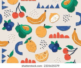 Trendy Colourful Paper cutouts , Hand drawn modern Summer Fruits design Seamless pattern with Texture , Design for fashion , fabric, textile, wallpaper , wrapping and all prints