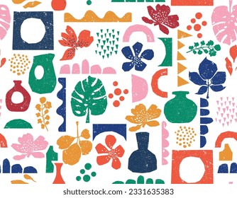 Trendy Colourful Paper cutouts , Hand drawn modern Flower and Leaves design Seamless pattern with Texture , Design for fashion , fabric, textile, wallpaper , wrapping and all prints