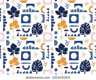 Trendy Colourful Paper cutouts , Hand drawn modern Flower and Leaves design Seamless pattern with Texture , Design for fashion , fabric, textile, wallpaper , wrapping and all prints