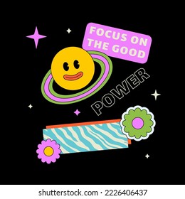 Trendy colourful print for T-shirts, psychedelic design element for a post, patch, label.