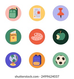 Trendy and colourful round highlights for different social media, blogs, business, branding with Back to school illustrations. Cover icons for stories with textbook, schoolbag, education clipart.