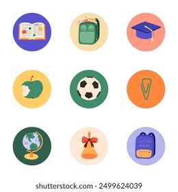 Trendy and colourful round highlights for different social media, blogs, business, branding with Back to school illustrations. Cover icons for stories with football ball, schoolbag, education clipart.