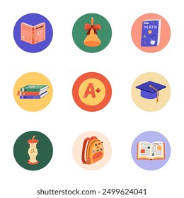 Trendy and colourful round highlights for different social media, blogs, business, branding with Back to school illustrations. Cover icons for stories with textbook, graduation hat, education clipart.