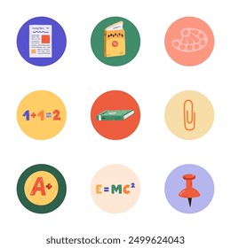 Trendy and colourful round highlights for different social media, blogs, business, branding with Back to school illustrations. Cover icons for stories with textbook, math formula, education clipart.