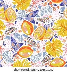 Trendy and colourful of Summer fruits Lemon and monstera leaves brushed strokes style, seamless pattern vector ,Design for fashion , fabric, textile, wallpaper, cover, web , wrapping and all prints 
