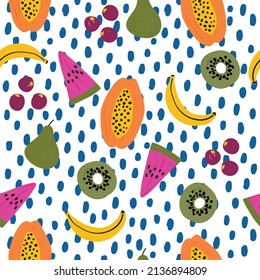 Trendy colourful of summer fruits, Mixed fruits Banana,Berries,Kiwi ,Papaya,brush strokes style, layer on polka dots seamless pattern vector, fashion design, fabric, wallpaper,wrap and all prints.