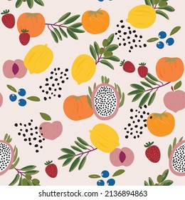 Trendy colourful of summer fruits, Mixed fruits Dragon fruits,Lemon .Berries,Orange ,Strawberry ,Peach in brush strokes style,  seamless pattern vector, fashion design, fabric, wallpaper,wrap