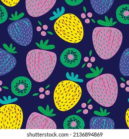 Trendy colourful of summer fruits, Mixed fruits strawberries,Berries,Kiwi brush strokes style, seamless pattern vector, fashion design, fabric, wallpaper,wrap and all prints.